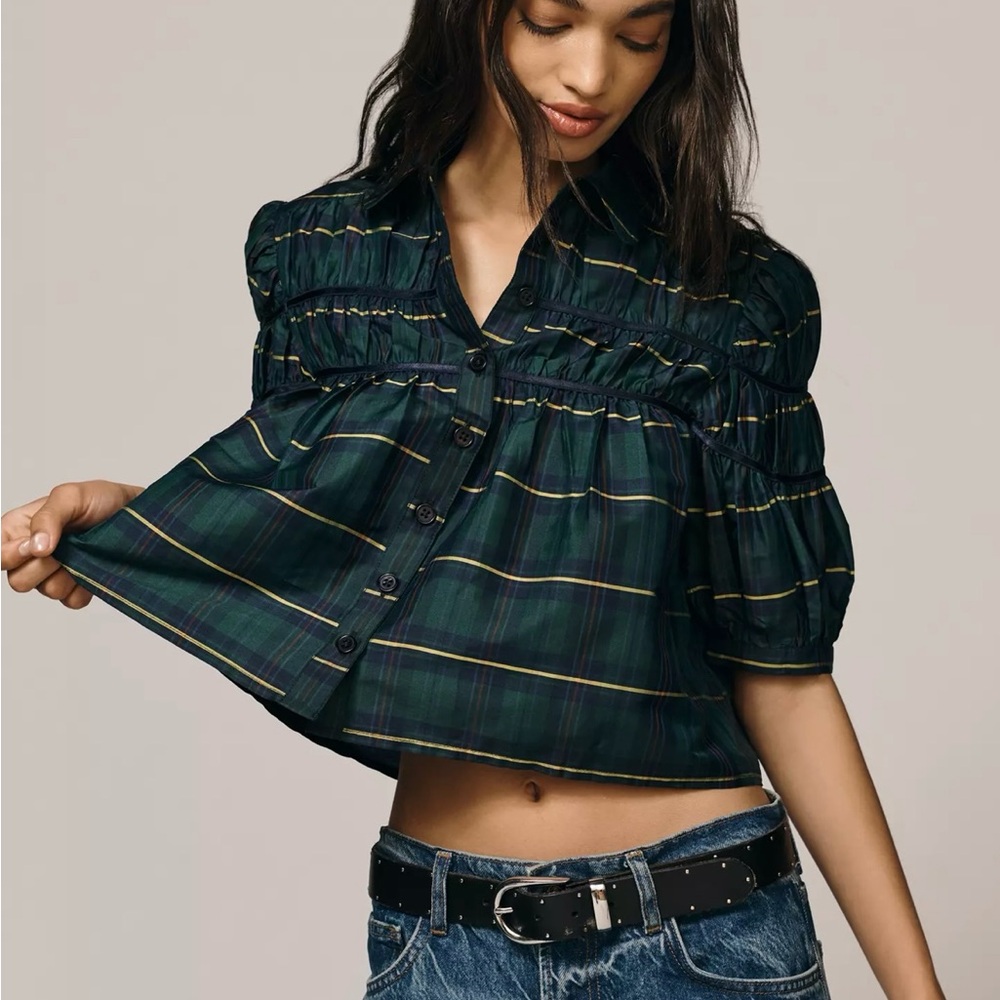 Anthropologie Plaid Puff Sleeve Blouse - Dark Green
